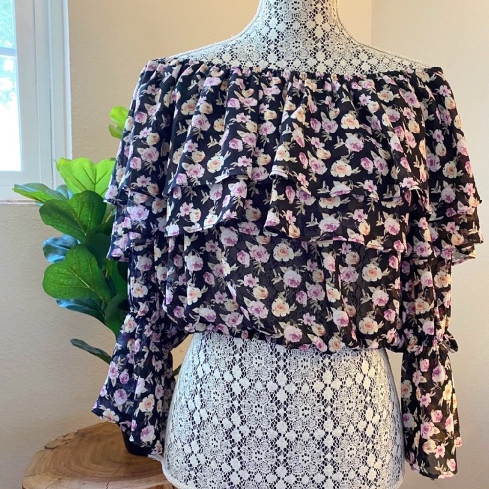 F21 Black Pink Multi Woven Top off Shoulder